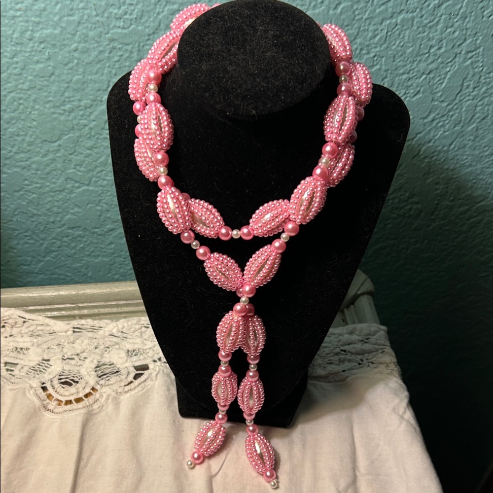 Pink Beaded Lariat Necklace with Pearl Accents - Women Jewelry